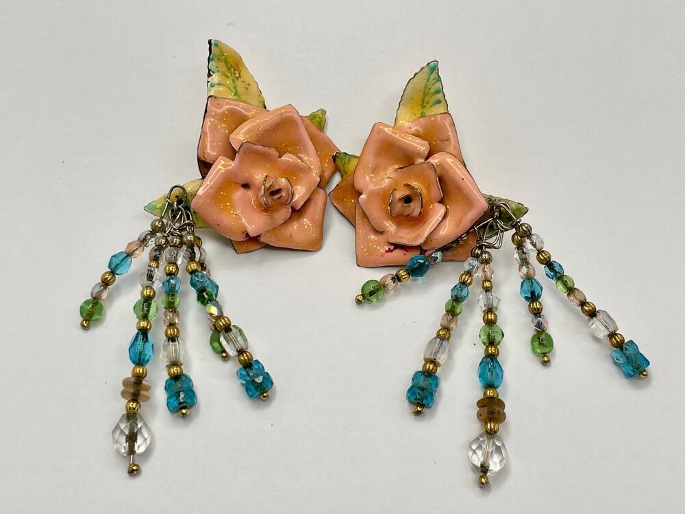 Lunch At The Ritz Vintage Enamel Statement Clip Earrings 1989 RARE!!!